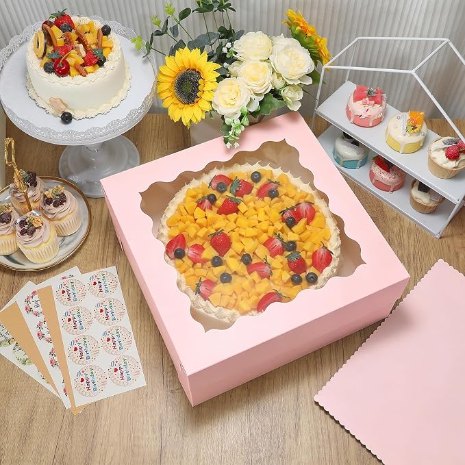 COTOPHER 14x14x6 In Sheet Cake Boxes, 16 Pcs Pink Bakery Boxes with Large Window (8 Boxes & 8 Boards), Cake Containers for Quarter Cakes, Donuts, Cupcakes, Brownie, Pastry & Pies Packaging
