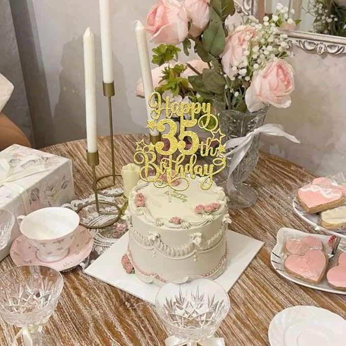 1 PCS Happy 35th Birthday Cake Topper Glitter Cheers to 35 Years Birthday Cake Pick Hello 35 Fabulous Cake Decoration for Happy 35th Birthday Anniversary Party Decorations Supplies Gold