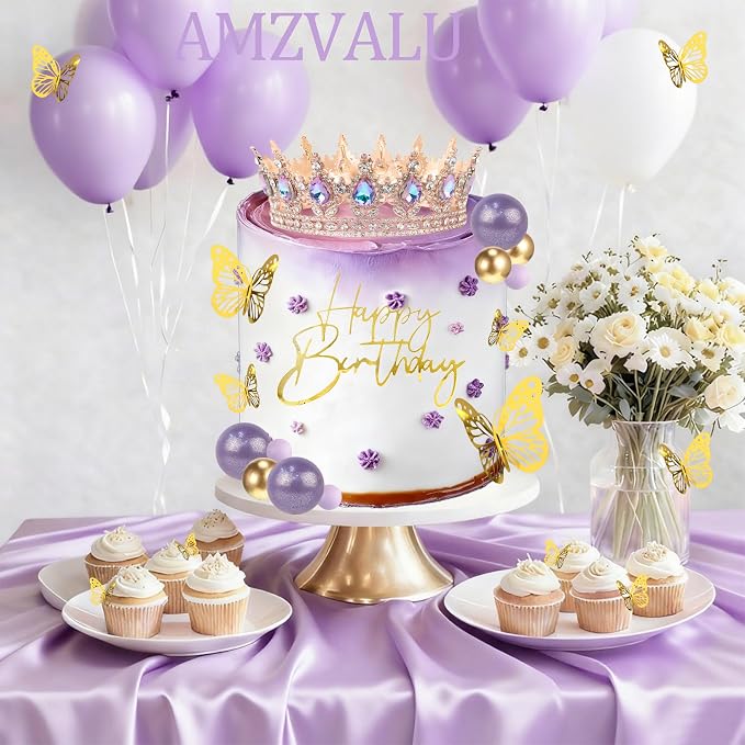 Crown Cake Topper, Purple Crown Balls Happy Birthday Cake Toppers Candles Butterfly, Corona Para Pastel, Crown Cake Decorations for Women Queen Princess (Rose Gold, Moonlight Purple)