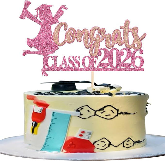 1 Pack Congrats Class of 2026 Cake Toppers Graduation Girl Cake Picks Glitter 2026 Graduation Cake Decorations for Theme High School Girls Graduate Cake Decorations Party Supplies Pink 1