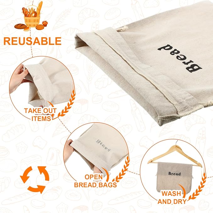 Woanger 3 Pieces Linen Bread Bags Burlap Reusable Drawstring Bread Bags 12 x 15 Inch Unbleached Loaves Pastries Pouch Handmade Food Storage for Bakery Picnic Wedding Wrapping Camping Supplies