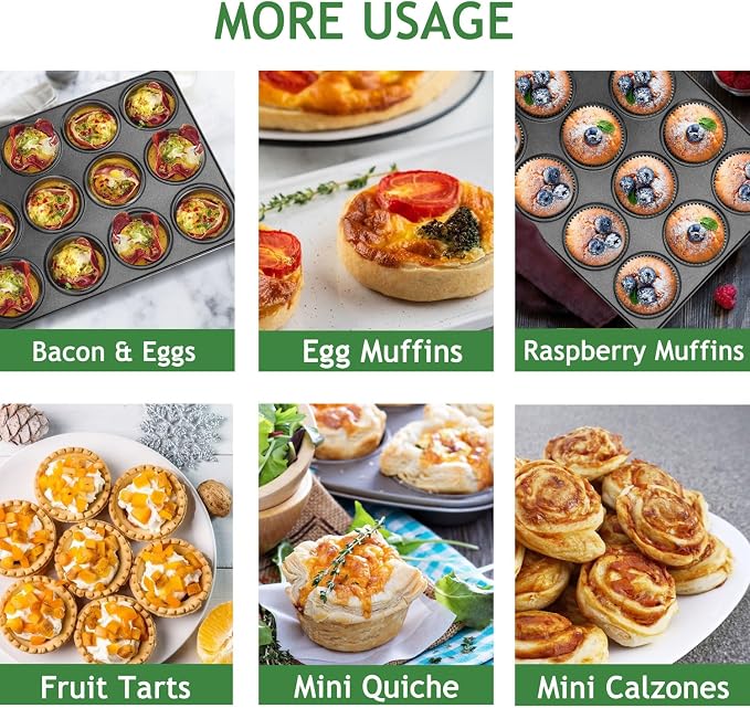 Herogo 12-Cup Nonstick Muffin Pan Tin for Baking, Metal Nonstick Cupcake Tray Set for Making Egg Muffin Quiches, Mini Brownie, Easy to Clean & Quick Release, Oven & Dishwasher Safe, Black