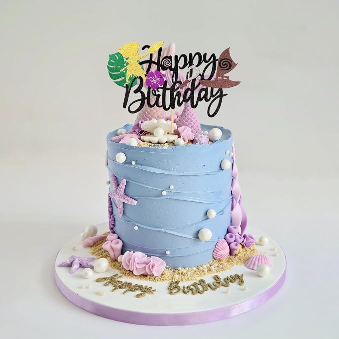 1 PCS Moana Inspired Cake Topper Black Glitter Palm Leaf Flower Happy Birthday Cake Pick Decoration for Tropical Hawaiian Luau Theme Baby Shower Kids Birthday Party Cake Decorations Supplies