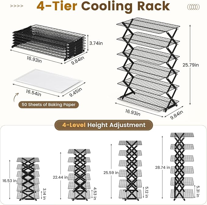 6 Tier Collapsible Cooling Rack for Baking Cookies Bread Barbecue | Include 50 Baking Papers, 4-Level Adjustable Height, 3 Setting Design, Stackable Roasting Rack, X-Shaped Structure