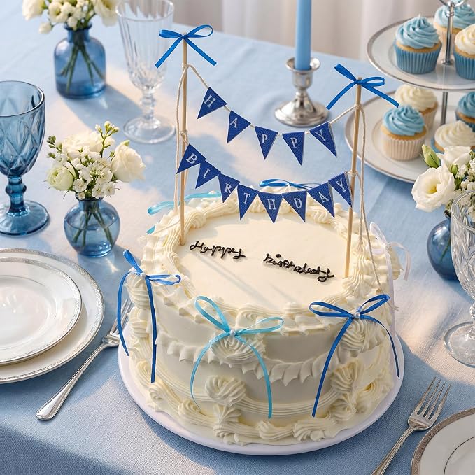 Honeydak Blue 11 Pcs Bow Ribbon Cake Topper Happy Birthday Cake Bunting Topper with Wood Pole Handmade Pennant Flags with Bows Ribbon for Birthday, Bridal Party Decoration