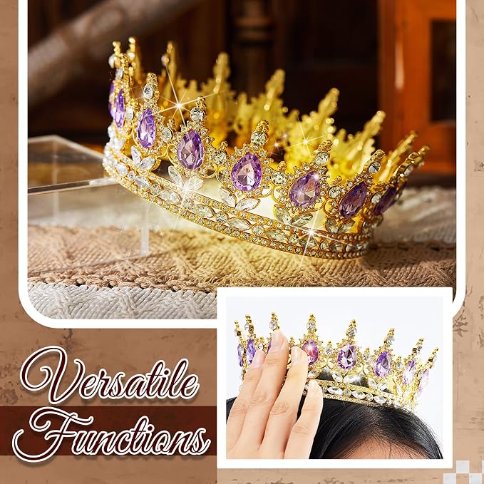 8 Pcs Purple and Gold Queen Crown Cake Topper, Happy Birthday Cake Toppers Foam Balls Rhinestone Crystal Tiara Wedding Decoration for Princess Party Photo Props for Women Princess