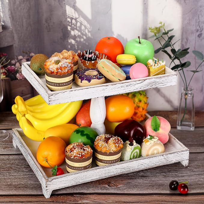 Yalikop Farmhouse Tiered Tray Stand - Wooden Rustic 2 Tier Rectangular Tray Serving Stand for House Kitchen Cake(White)