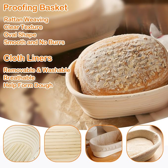 10 Inch Banneton Bread Proofing Basket, Oval Sourdough Proofing Basket with Cloth Liners & Dough Scrapers Set of 10,Bulk Rattan Banneton Sourdough Bowl Basket for Home Baker Supplies
