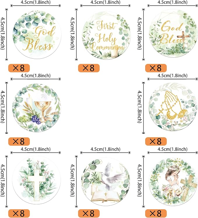 64 PCS Edible God Bless Cupcake Toppers First Holy Communion Cupcake Picks Edible Greenery Leaves Dove Cross God Bless and Baptism Cake Decorations for Baby Shower Girls Birthday Party Supplies