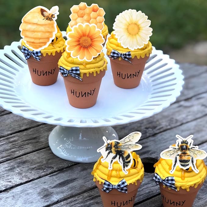 63 PCS Edible Bumble Bee Cupcake Toppers Honey Bee Daisy Cupcake Picks Edible Sunflower Oh Babee Cupcake Decorations for Bee Theme Baby Shower Kids Birthday Party Cake Food Decorations Supplies