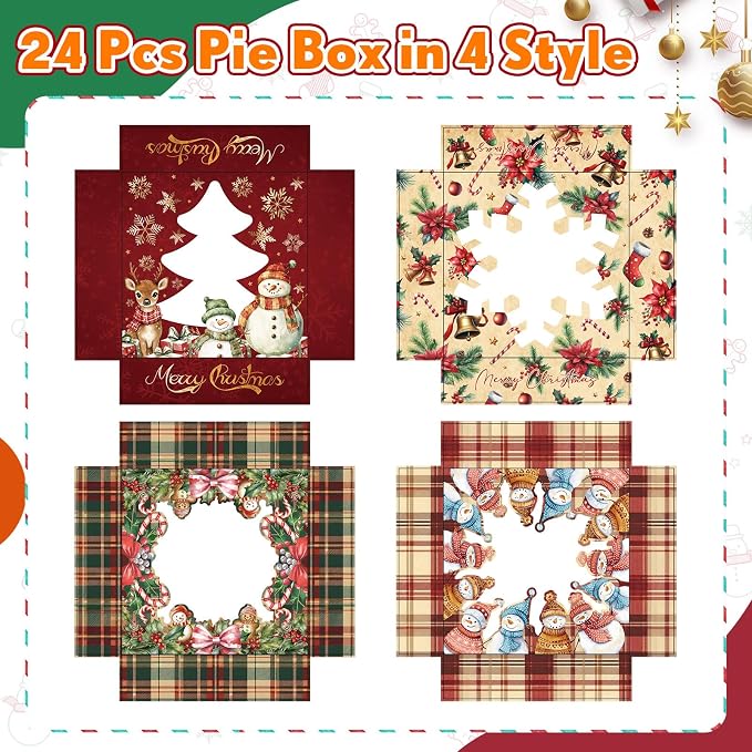 Affrolling 24 Pcs Pie Boxes 10 x 10 x 2 Inch Bakery Boxes with Window for Pies, Cookies and Pastries(Christmas Snowman)