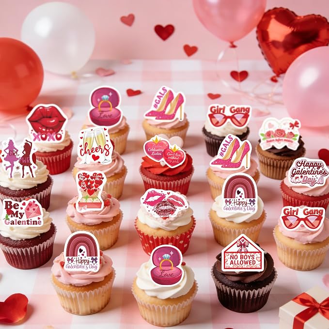 60PCS Edible Happy Galentine’s Day Cupcake Toppers Wafer Paper Girl Gang No Boys Allowed Cupcake Picks Be My Galentine Cake Decor for Girls Theme Single Party Decor Supplies