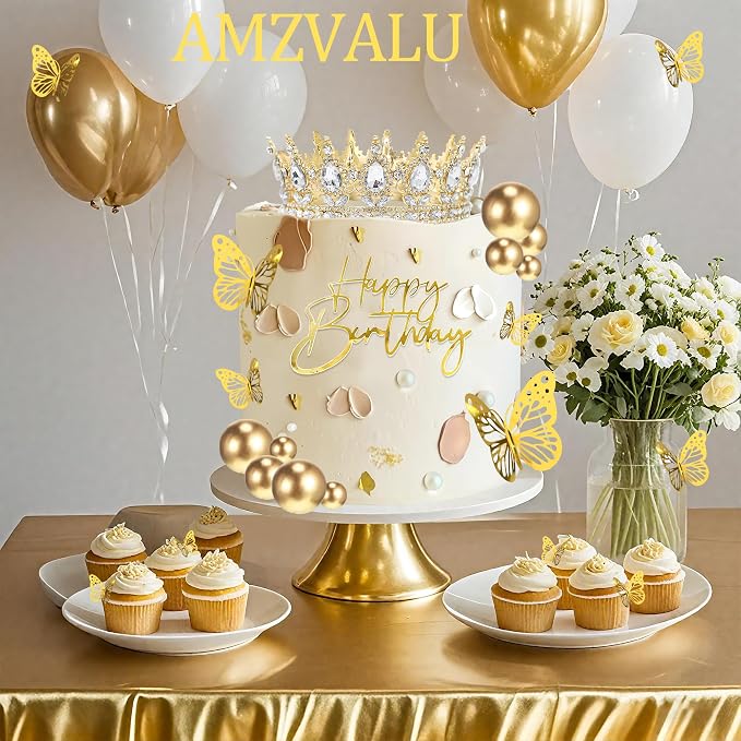 Crown Cake Topper, Gold Happy Birthday Cake Toppers Crown Balls Candles Butterflies, Corona Para Pastel, Cake Decorations for Women Princess Queen Wedding Party Decorations (Gold, White)