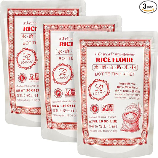 Soeos Thai Rice Flour 48 Ounce (Basic), 1 Pound(Pack of 3), Rice Flour for Baking or Cooking, All Natural White Rice Flour for Sourdough Bread, Vegan, Gluten-Free