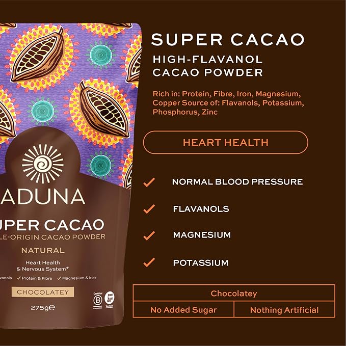 Aduna Super-Cacao Powder | 100% Natural Ghanaian Cacao for Heart Health & Energy Support | Natural Vegan Source of Magnesium, Flavanols & Iron | Superfood for Hot Chocolate, Smoothies, & Baking | 275g