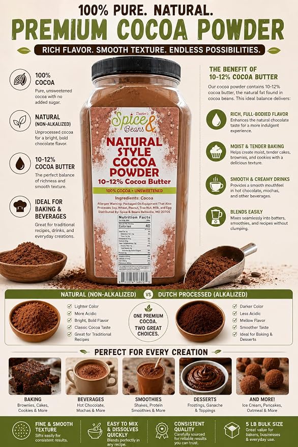 Natural Cocoa Powder 5 lb | 10–12% Cocoa Butter | Unsweetened Baking Cocoa | Bulk Resealable Container | Rich Chocolate Flavor for Cakes, Brownies, Hot Chocolate & Smoothies | Dasher’s Spice & Beans