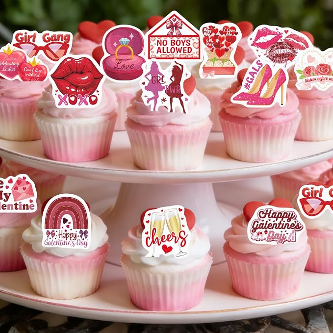 60PCS Edible Happy Galentine’s Day Cupcake Toppers Wafer Paper Girl Gang No Boys Allowed Cupcake Picks Be My Galentine Cake Decor for Girls Theme Single Party Decor Supplies
