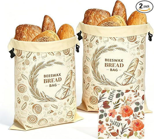 2 Pack Beeswax Sourdough Bread Bags for Homemade Bread (2 Pack + 1 Wrap) -17"x13" Reusable Cotton Beeswax Bread Bag with Lock Closure, Non-Flaking & Breathable for Fridge