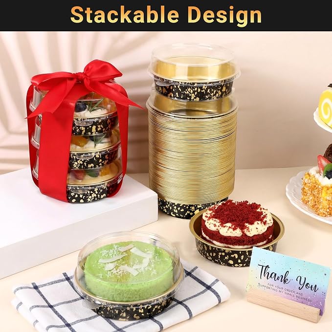 Beasea 7.3oz Cheesecake Pan with Lids, 20 Pack 4 Inch Round Aluminum Foil Disposable Tart Tins, Cupcake Container with Lids Mini Pie Tart Pans Baking Cups For Pizza Quiche - Black Gold Speckles