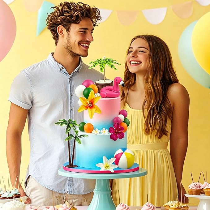 20 PCS Hawaiian Beach Cake Decorations Set Summer Tropical Cake Topper with Flamingo Rainbow Coconut Tree for Hawaiian Party Beach Theme Party Decor