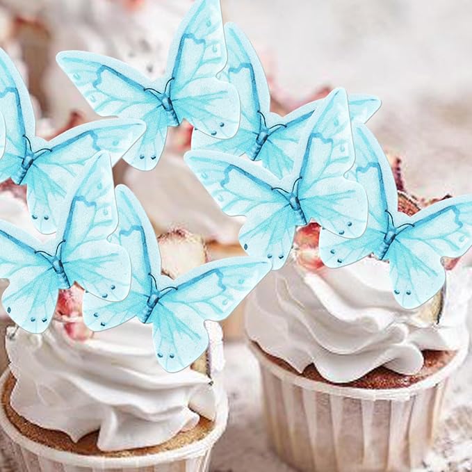 48 PCS Edible Butterfly Cupcake Toppers - Wafer Paper Butterflies & Cupcake Picks for Butterfly Theme Baby Shower, Wedding, Birthday Party - Blue