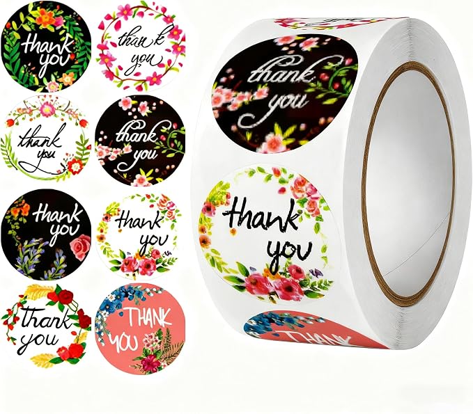 500PCS Thank You Stickers, 1Inch Small Thank You Sticker for Small Business Packaging Roll 8 Colorful Design Round Labels Stickers for Baking Envelope Seals Gift Wrap Birthday Party Favors (Floral)