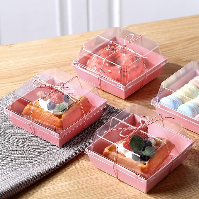 Jetec 50 Pack Charcuterie Boxes with Clear Lids and Rope 4 Inches Cake Disposable Square Dessert Food Box Containers with Lids for Bakery Macaron Cookies Strawberries Fruits Display (Pink)