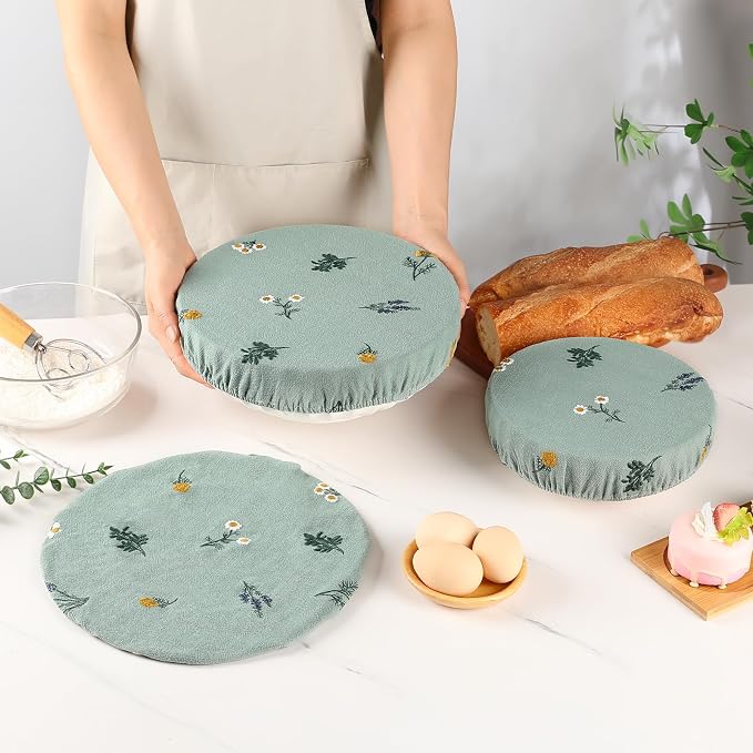 Reusable Bowl Covers for Bread Proofing Baking Embroidered Linen Cotton Cloth Fabric Washable with Elastic Cover for Food Fruit Salad Eco-friendly