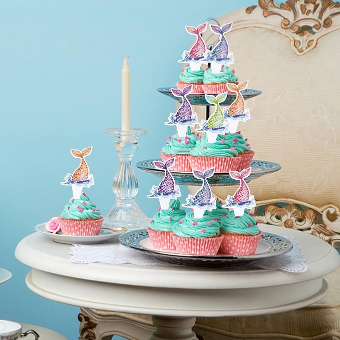 40 PCS Mermaid Tail Cupcake Toppers Double Sided Under the Sea Mini Tail Cupcake Picks Mermaid Birthday Decorations for Ocean theme Baby Shower Birthday Party Cake Decorations Supplies