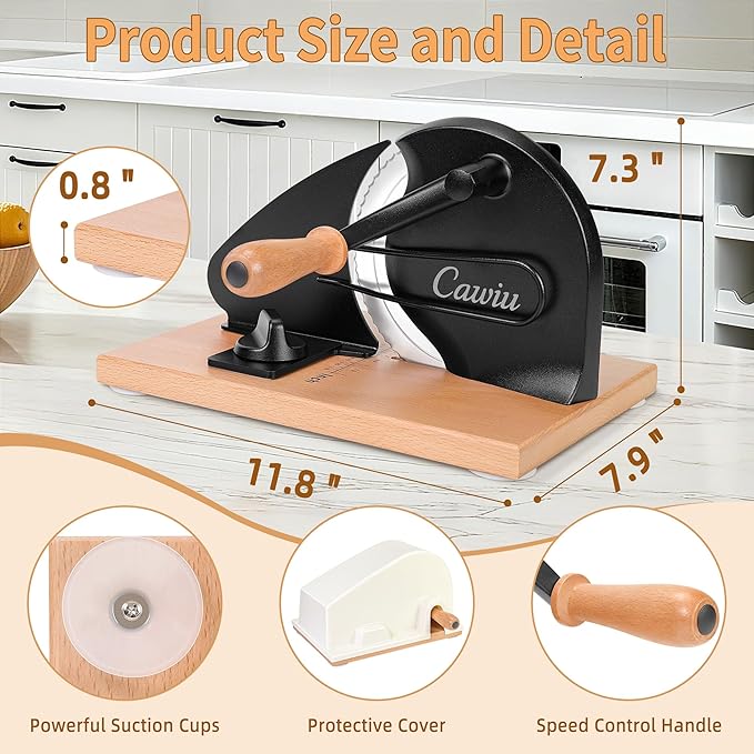 CAWIU Upgraded Manual Bread Slicer for Homemade Sourdough Bread - Adjustable Thickness Bread Cutter with Hand Crank, Suction Cups, Slicing Guide, Scale Line & Cover, for Perfect Even Slices (Black)