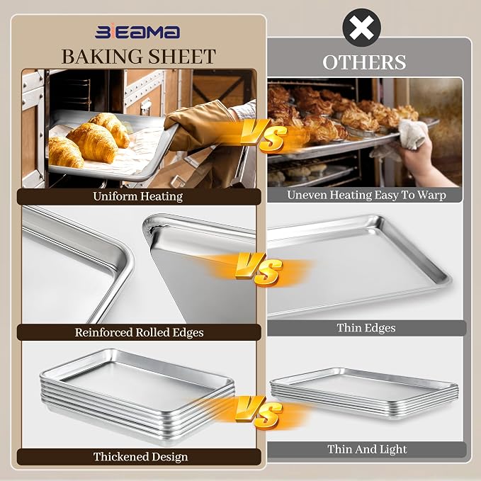 BIEAMA 6 Pack Quarter Size 13" × 10" Baking Sheet Pan Aluminum Commercial cookie sheets for baking
