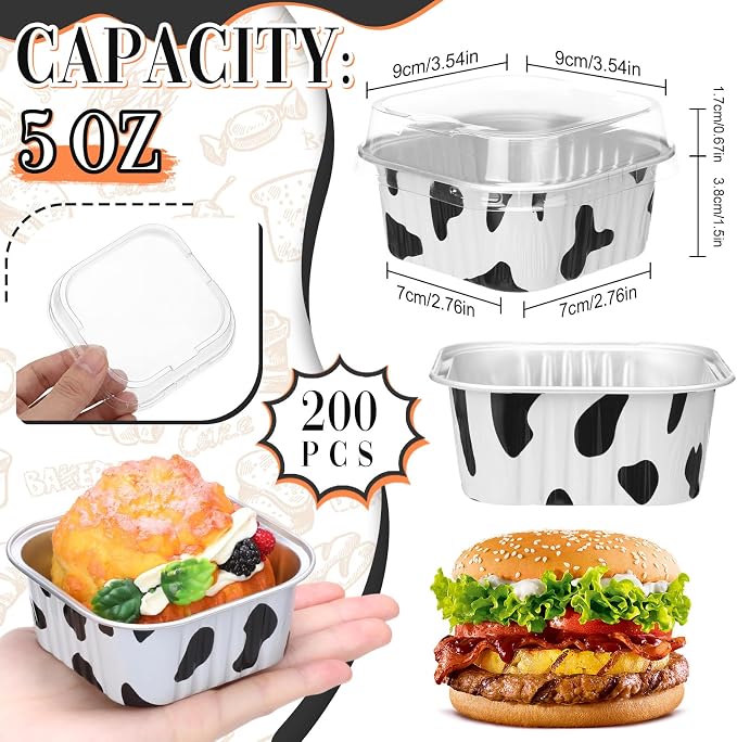 200 Pack 5 oz Cow Print Mini Cake Pans with Lid, Black White Cow Party Favors Supplies, Square Aluminum Foil Mini Baking Tins, Disposable Cupcake Dessert Cups for Wedding Birthday Baby Shower