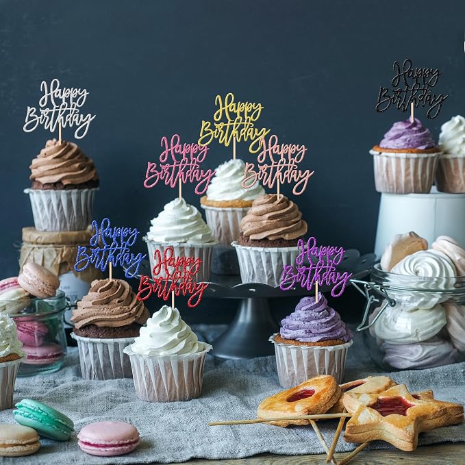 24 PCS Happy Birthday Cupcake Toppers Glitter Picks for Celebrating Party Decorations Anniversary Theme Cake Supplies Multi