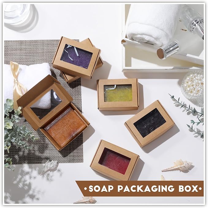 Zonon 100 Pcs Soap Boxes for Homemade Packaging, Mini Kraft Boxes with Window for Bakery Candy Soap Making Gift Packaging, 3.7x2.6x1.4 Inch (Brown)