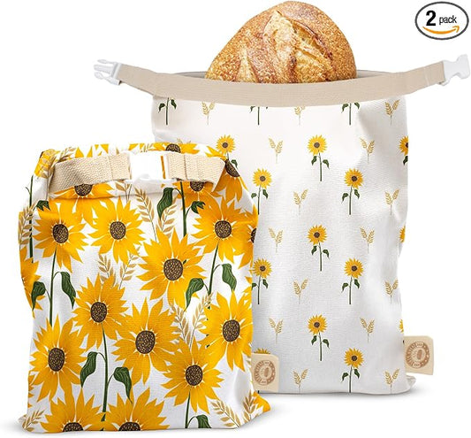 Cozy Bread® Reusable Bread Bag Set for Home Bakers | USA Brand | Charming Designs (Sunflower)