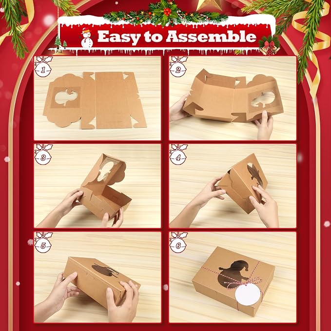 COTOPHER 18Pcs Christmas Cookie Boxes with Window, 12x8x2.5 inch Brown Bakery Boxes for Gift Giving, Kraft Treat Boxes Dessert Boxes for Cakes Donuts Chocolate Strawberries Pastries Muffins