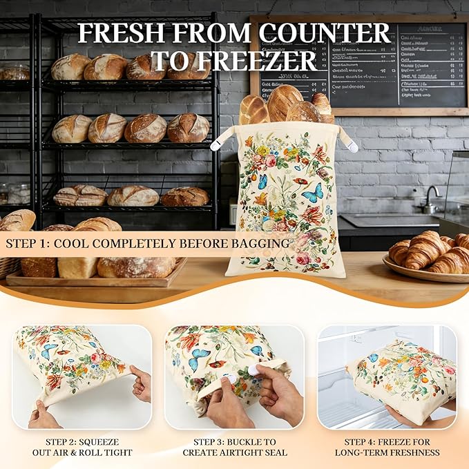 2 Pack Beeswax Bread Bags for Sourdough and Homemade Bread, XL 17x13in Reusable Cotton Storage Bags, Botanical Print Double-Layer with Beeswax Lining, Easy to Clean Artisan Bread Keeper | Keeps loaves soft
