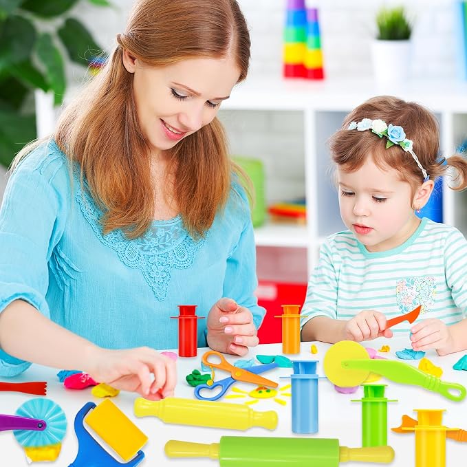 Dough Tool Set, 15 Pcs Basic Dough Tools Kits for Kids, Dough Accessories Includes Cutters Roller, Rolling Pins, Safety Scissors, Plastic Knife