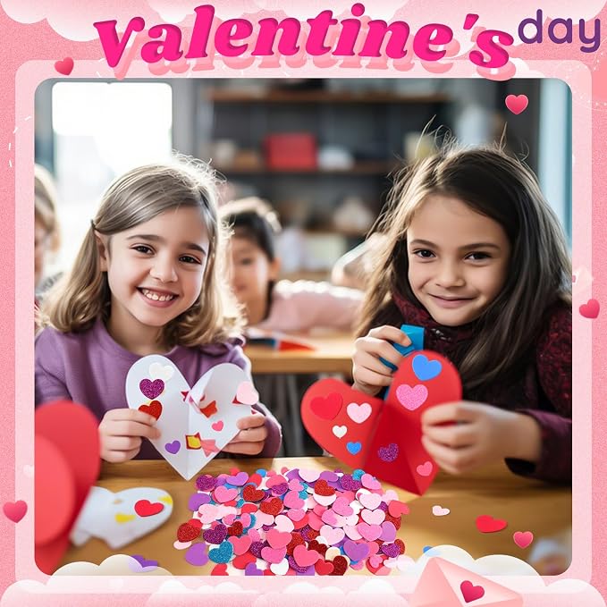 600Pcs Foam Heart Stickers Valentine's Day Glitter Love Sticker | 3 Sizes, Self-Adhesive Heart Decal, Handmade Card DIY Crafts, Love-Themed Projects, Party Favors Decorations, Valentines Gift