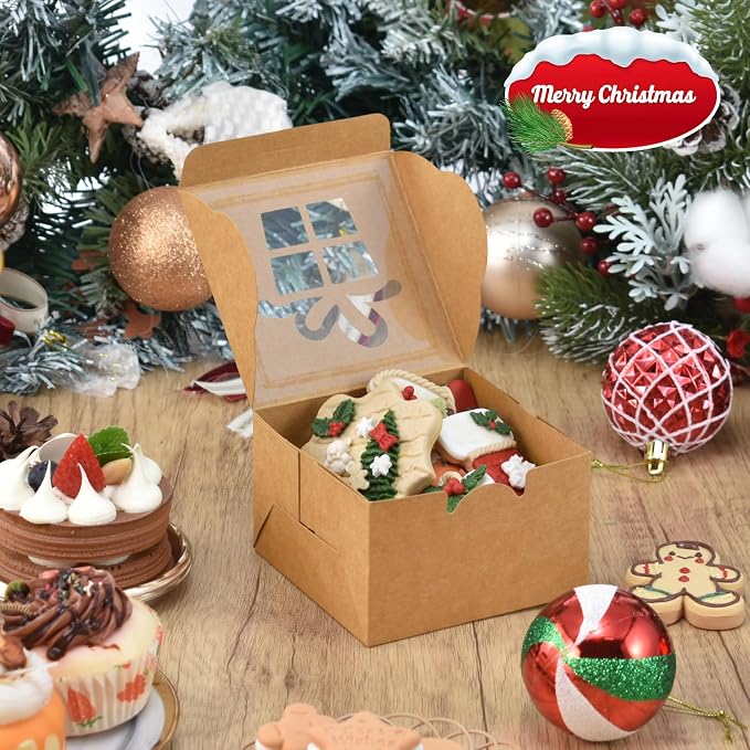 COTOPHER 30Pcs Christmas Cookie Boxes with Window, 4x4x2.5 inch Brown Bakery Boxes for Gift Giving, Mini Cake Boxes Holiday Pastries Boxes for Cakes Muffins Donuts Chocolate Strawberries
