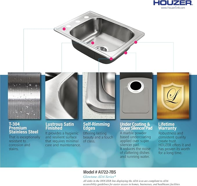 Houzer Glowtone ADA Compliant Stainless Steel Kitchen Bar & Prep Sink - 17 Inch Drop-in Topmount 3-Hole Large Sink, Durable & Versatile, Essential for Home & Apartment, Nested 5-Pack - A1722-7BS-5