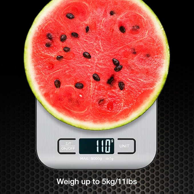 Digital Food Scale with 2 AAA Batteries Trnr-FDSCLE-SLV, Food Scale for Kitchen, Cooking Scale with Zero Tare Option, Kitchen Scale Weighs up to 11 Pounds, Measures in KG, G, LB, OZ, and ML