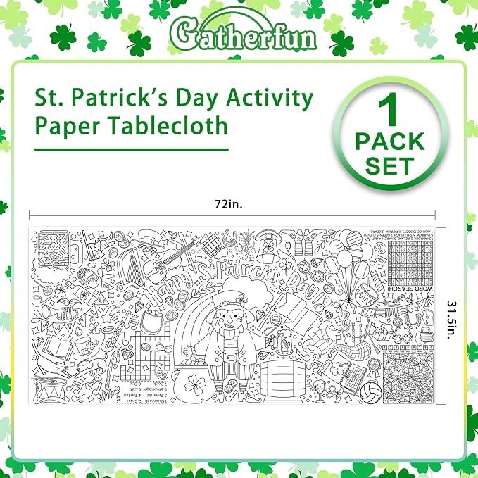 Gatherfun St. Patrick's Day Coloring Poster for Classroom Wall - Versatile 31.5 x 72 Inches irish themed Activity Poster/Table Cover, School Parties, St. Patrick's Day Party Decoration