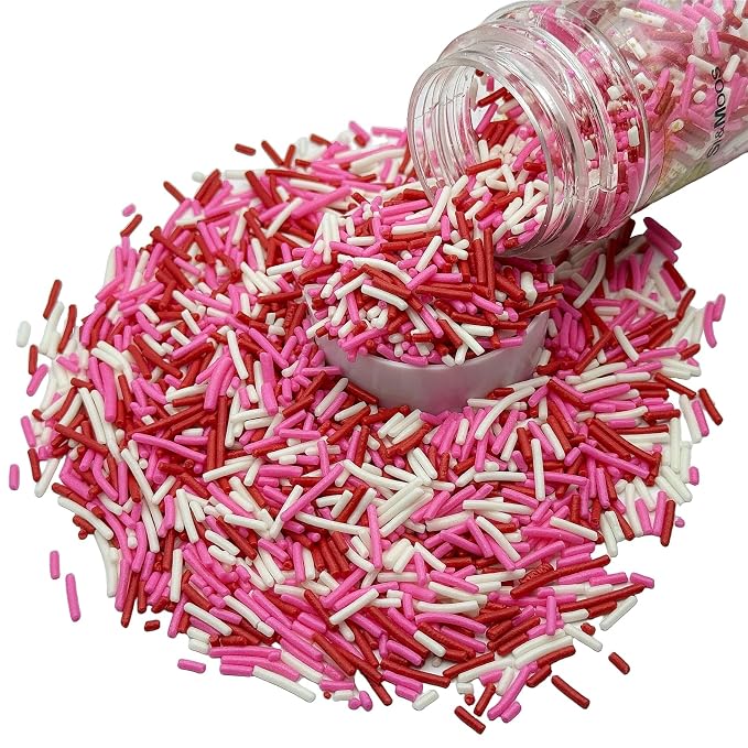SE Si&Moos Valentines Jimmy Sprinkles Red Pink and White Jimmies Sprinkles for Cake Decorating Edible Valentines Cake Decorations Edible Crunchy Jimmies for Topping Ice Cream, Cookies, Cupcakes, Dessert Decorating 3 OZ