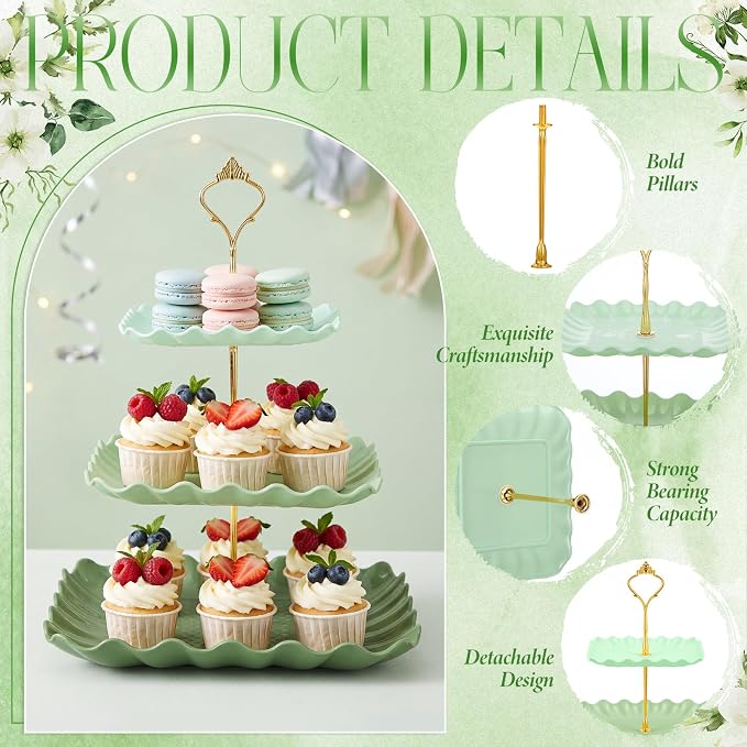 FoldTier 6 Pack Cupcake Stand Set 3 Pcs 3 Tier Gradient Dessert Table Display Stands Cookie Tray Rack 3 X14 in Rectangle Party Trays for Wedding Birthday Tea Party Baby Shower(Green,Rectangle)