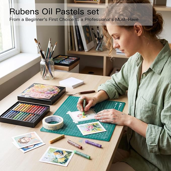 rubens 24 Soft Oil Pastels Set with 30 Sheets, Knife, Board, Tape for Beginners