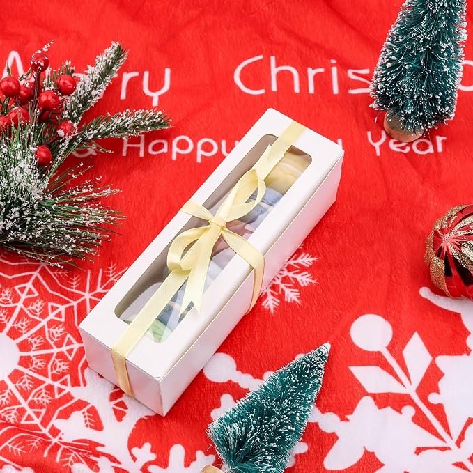 NPLUX Macaron Boxes, 25 Pack White Dessert Boxes with Clear Window and Ribbon, 7.2 x 2.1 x 1.9 In, Fits 5 to 7 Macarons, Bakery Packaging Boxes for Gifts, Cookies, Graduation Gifts Party Favors