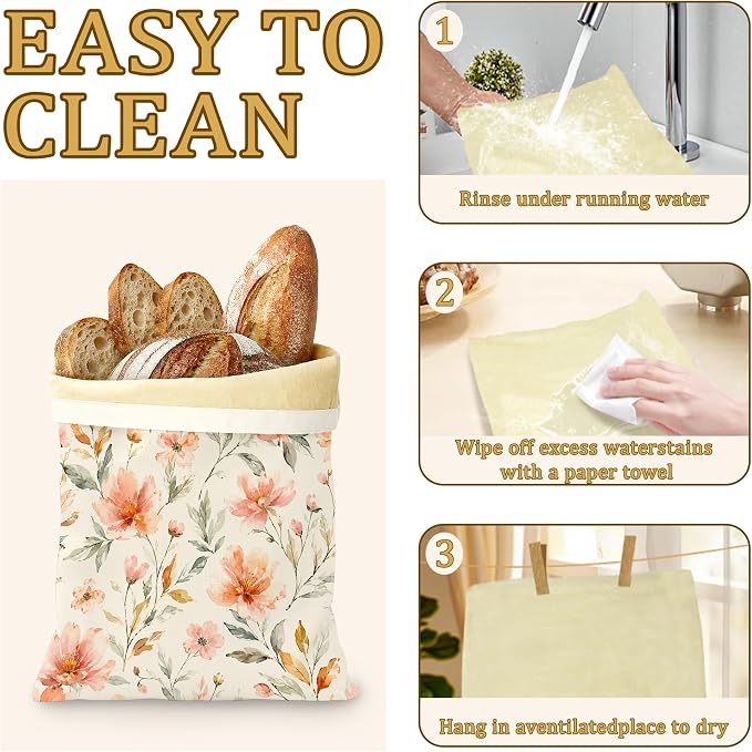 2 Pack Beeswax Linen Peach Blossom Bread Bags, Watercolor Floral Reusable Fresh Keeping Bags for Sourdough & Baguette, Freezable Portable Bread Storage Container 17×13''