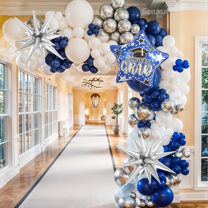 Blue Silver Graduation Balloon Arch, Blue Silver White Balloons Garland Kit, Star Foil Balloons Navy Metallic Blue Balloon For Graduation Birthday Anniversary Bachelorette Party Wedding Decorations