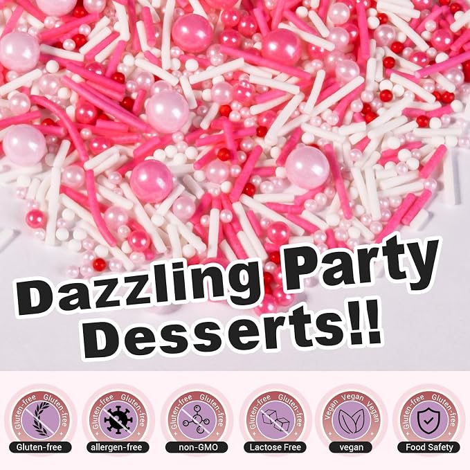 HUEBEATY 6-in-1 Pink Sprinkles for Cakes Cupcakes Decorating – 6.36oz/180g Edible Baby Shower, Strawberry, Princess & Valentine’s Day Sprinkles with Pink Pearls, Red Pink Mini Hearts, Jimmies & Nonpareils for Cookies, Ice Cream & Desserts Topping and B...